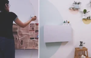 A pastel DIY Pinteresty wall with a large blue-green painted arch, small peach and yellow half-circle shelf backdrops, plants, floating shelves, and a white wall-mounted desk.