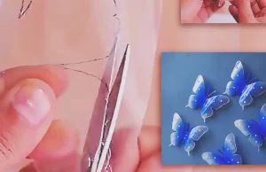 Blue and transparent butterflies made from recycled plastic bottles, decorated with pearl beads and displayed on a wall near a window as handmade DIY wall decor.