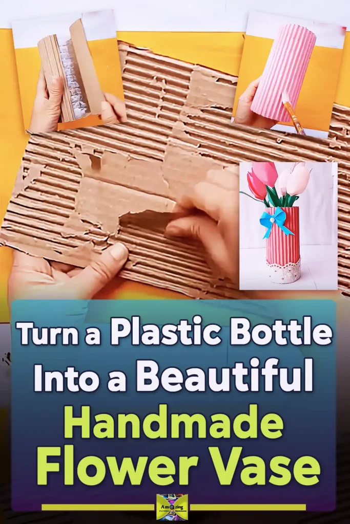 A handmade pink flower vase made from a recycled plastic bottle wrapped in corrugated cardboard, decorated with white lace, a blue bow, and paper flowers.