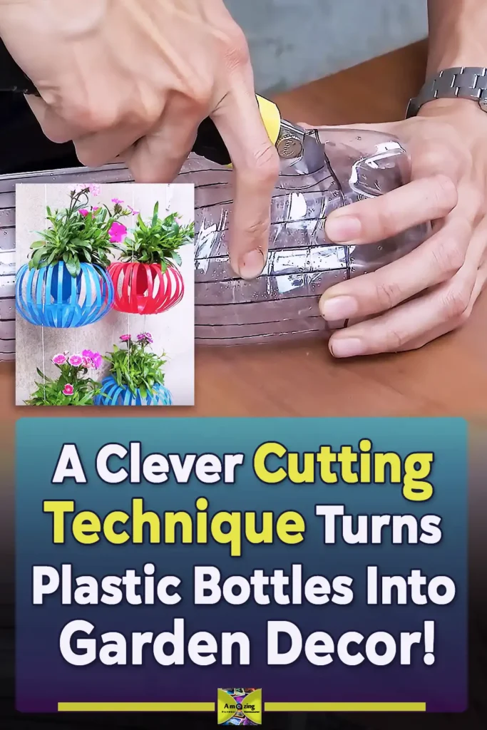 Six red, yellow, and blue lantern-shaped hanging planters made from cut plastic bottles, arranged at different heights against an outdoor wall and filled with flowering green plants.