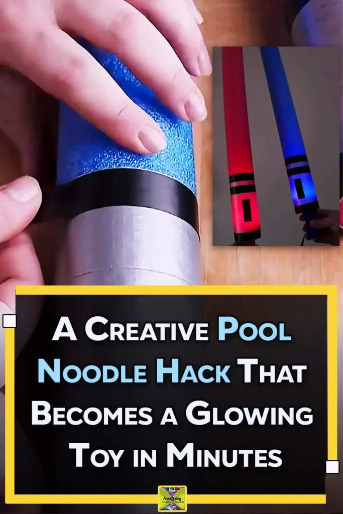 Two colorful pool noodles transformed into glowing toy swords with silver tape handles, black decorative details, and LED flashlights inserted into the hollow centers to illuminate the foam blades.