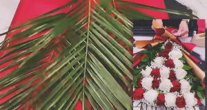 A luxury layered bouquet made with red and white roses, baby’s breath, palm leaves, and green foliage, wrapped in red and gold paper for a romantic flower gift.