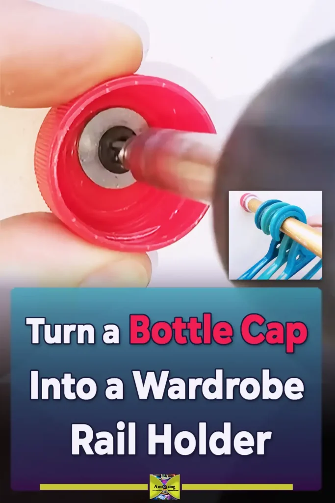 A DIY closet rod holder made from a red plastic bottle cap and clear bottle neck, mounted to a wall and supporting a gold rail with blue hangers.