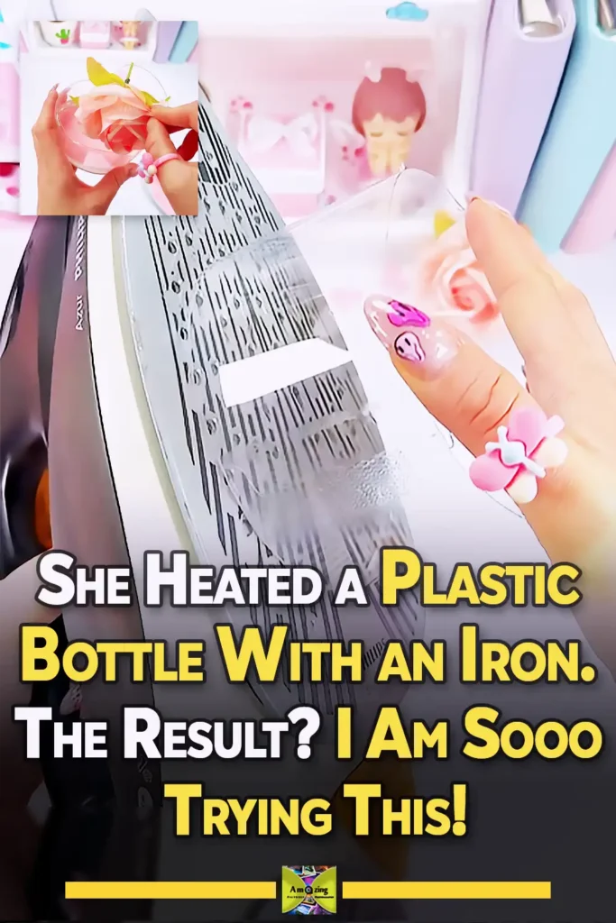 A transparent heart-shaped gift box made from a recycled plastic bottle, decorated with pink heart panels, patterned white trim, a handmade bow, and an artificial pink rose displayed inside.
