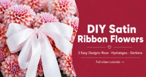 DIY satin ribbon flowers — rose, hydrangea, and gerbera made from satin ribbon