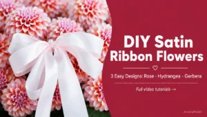 DIY satin ribbon flowers — rose, hydrangea, and gerbera made from satin ribbon