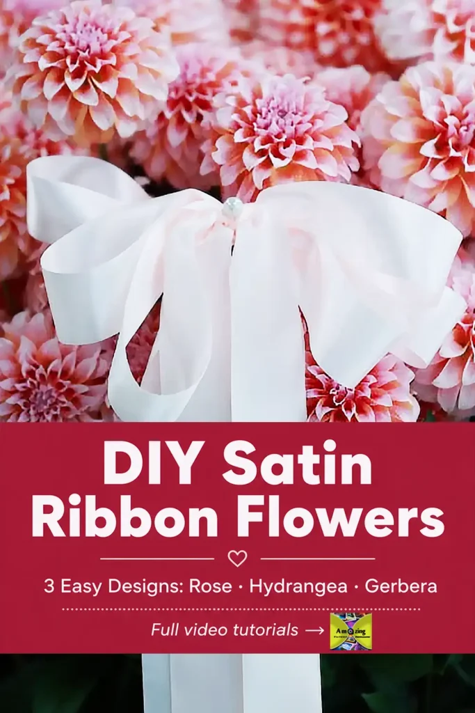 DIY satin ribbon flowers pin showing rose, hydrangea, and gerbera designs