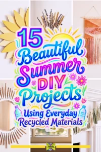 Flat-lay photograph of aesthetic summer crafts made from recycled materials including a painted cardboard flower wall art piece, boho yarn wall hanging, yarn-wrapped vase with dried flowers, and a fabric tassel garland in warm summer tones on a light wood surface.