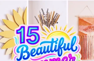 Flat-lay photograph of aesthetic summer crafts made from recycled materials including a painted cardboard flower wall art piece, boho yarn wall hanging, yarn-wrapped vase with dried flowers, and a fabric tassel garland in warm summer tones on a light wood surface.