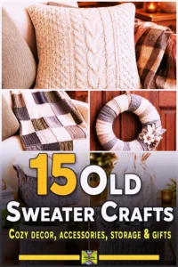 Overhead flat-lay of a cream cable-knit sweater being upcycled into old sweater crafts: a felted storage basket, pillow cover, mittens, and a half-wrapped wreath form, with scissors and measuring tape.