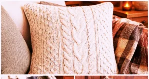Overhead flat-lay of a cream cable-knit sweater being upcycled into old sweater crafts: a felted storage basket, pillow cover, mittens, and a half-wrapped wreath form, with scissors and measuring tape.