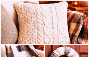 Overhead flat-lay of a cream cable-knit sweater being upcycled into old sweater crafts: a felted storage basket, pillow cover, mittens, and a half-wrapped wreath form, with scissors and measuring tape.