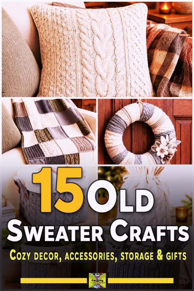 Overhead flat-lay of a cream cable-knit sweater being upcycled into old sweater crafts: a felted storage basket, pillow cover, mittens, and a half-wrapped wreath form, with scissors and measuring tape.