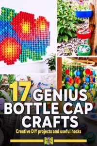 Collage of 17 creative plastic bottle cap crafts including mosaic wall art, flowers, a sunburst mirror, garland, and coasters