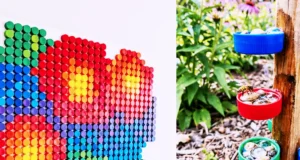 Collage of 17 creative plastic bottle cap crafts including mosaic wall art, flowers, a sunburst mirror, garland, and coasters