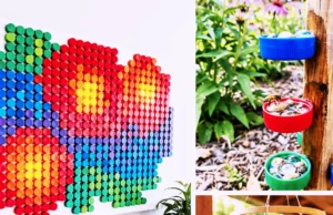 Collage of 17 creative plastic bottle cap crafts including mosaic wall art, flowers, a sunburst mirror, garland, and coasters