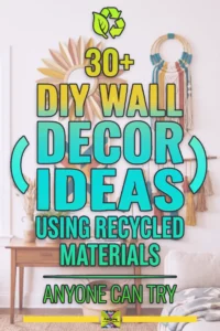 Overhead view of a craft workspace with recycled materials — cardboard, plastic bottles, yarn, bangles, bottle caps, fabric scraps, and an old drawer — alongside finished DIY wall decor projects including a gold cardboard sunburst mirror, a yarn tassel wall hanging, and a bangle flower wreath.
