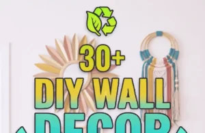 Overhead view of a craft workspace with recycled materials — cardboard, plastic bottles, yarn, bangles, bottle caps, fabric scraps, and an old drawer — alongside finished DIY wall decor projects including a gold cardboard sunburst mirror, a yarn tassel wall hanging, and a bangle flower wreath.