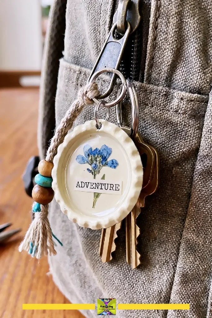 Bottle cap keychain and bag charm decorated with a small handmade design