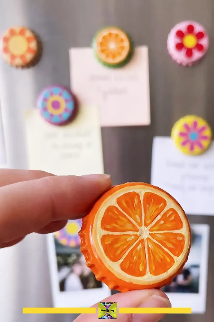 Mini flower magnets made from painted bottle caps on a refrigerator