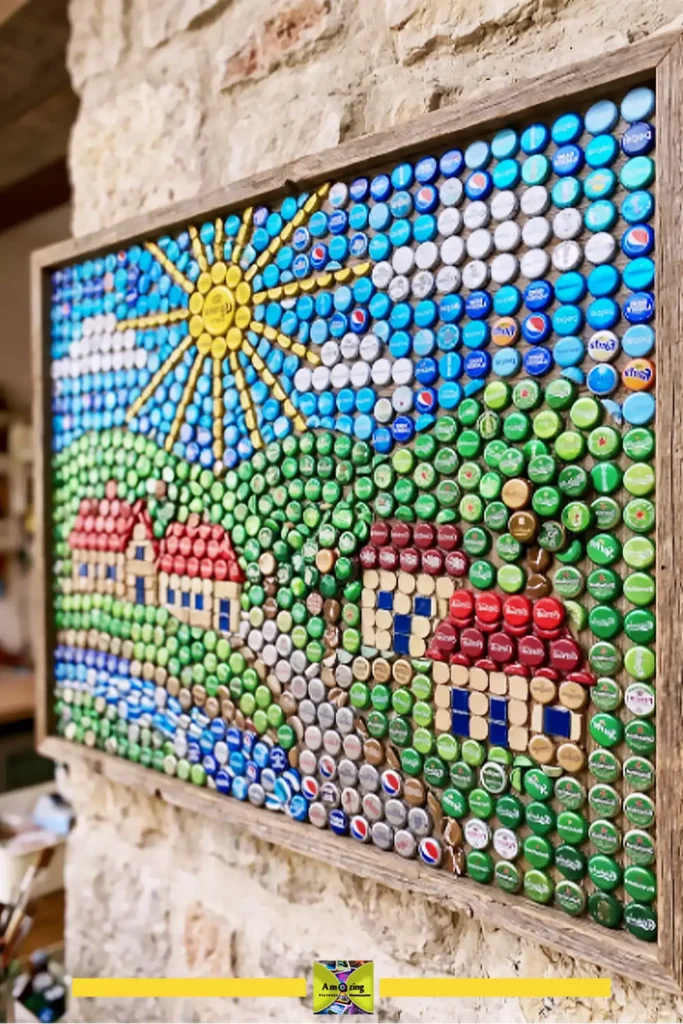 Bottle cap mosaic of a sunflower on a 12×12 board, caps painted in yellow, brown, and green