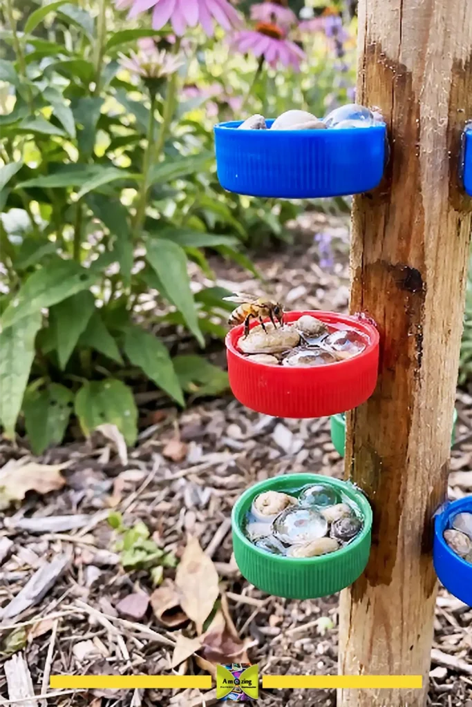 Pollinator water station with pebbles inside a bottle cap for bees to drink safely