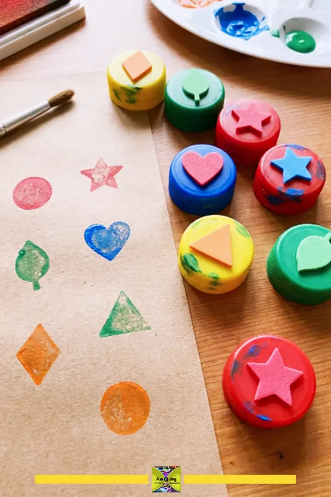 DIY stamps made from bottle caps with foam shapes glued to the top
