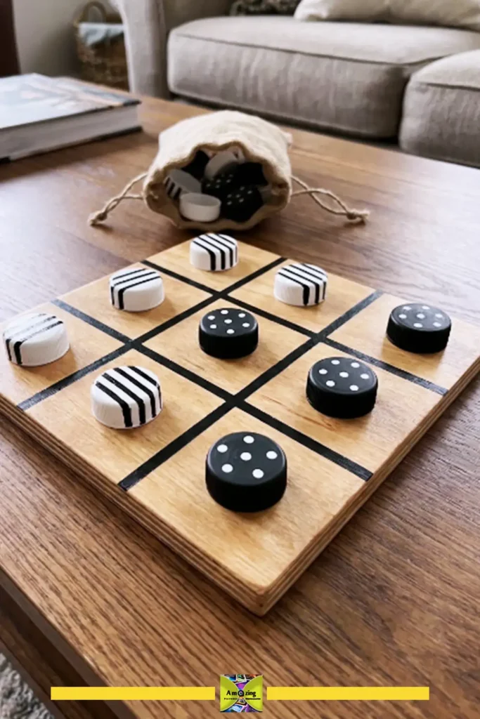 Portable tic-tac-toe game using painted bottle caps as playing pieces