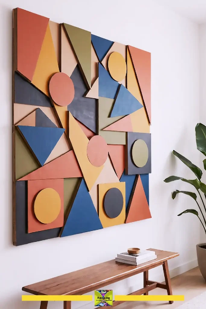 Geometric cardboard panel in sage green, terracotta, and cream on a white wall
