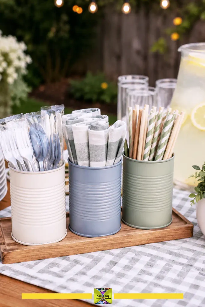 Tin can cutlery caddy holding forks, knives, and napkins for a cookout