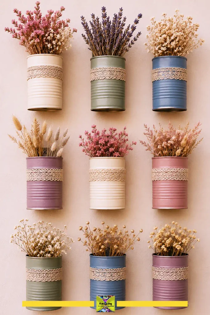 Wall display of coordinated tin cans holding dried flower arrangements