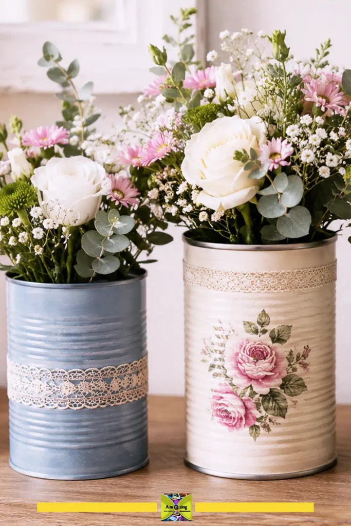 Tin cans used as decorative sleeves around glass flower vases