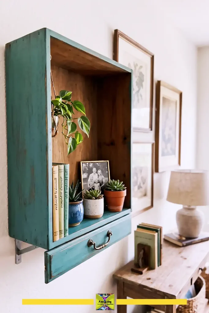 Painted wooden drawer shelf in sage green mounted horizontally with small plants and a framed photo inside