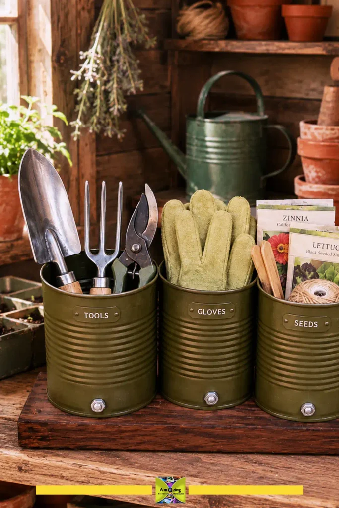 Tin can caddy holding garden tools and seed packets for outdoor use
