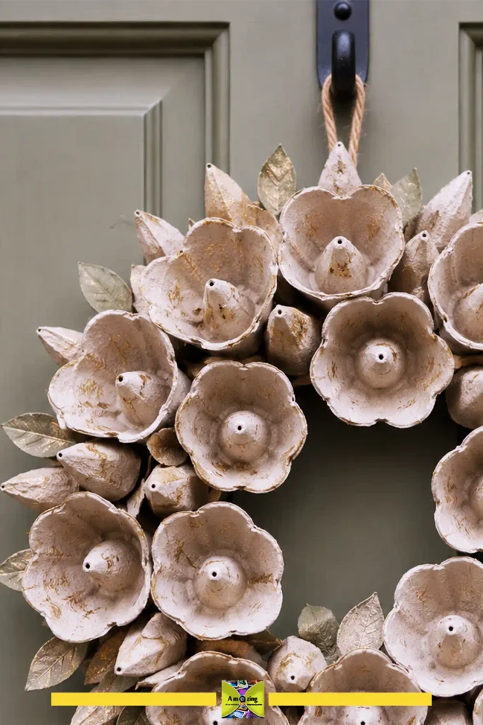 Wreath made from egg carton cups cut into geometric petal shapes and painted