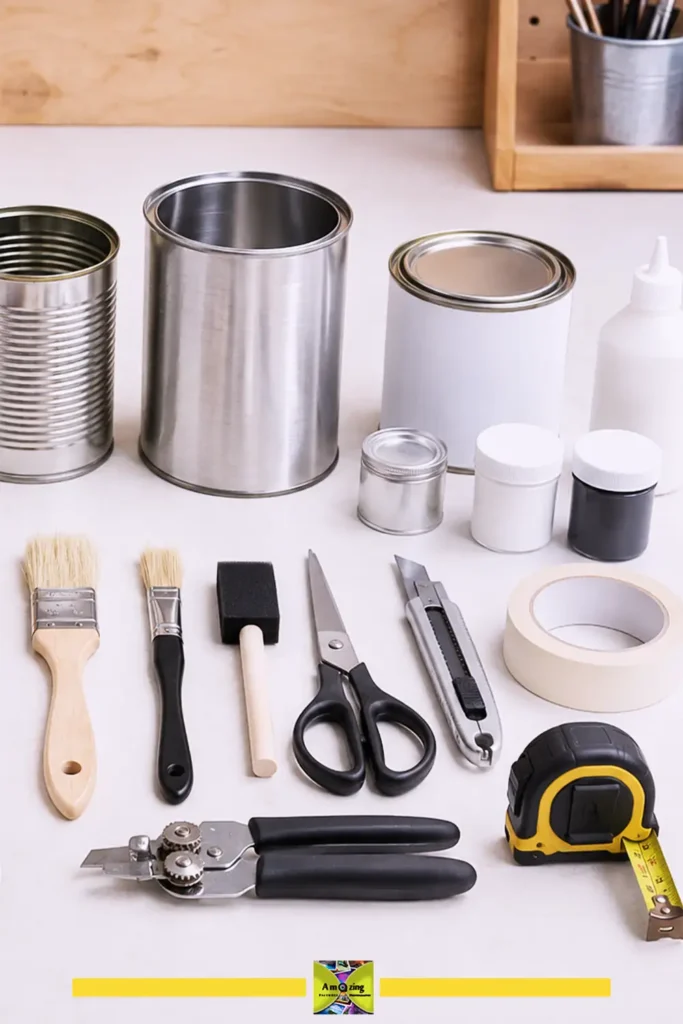 Cleaned empty tin cans with labels removed, drying before crafting