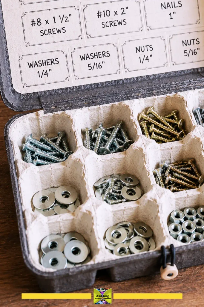Labeled egg carton case sorting screws, nuts, and small hardware