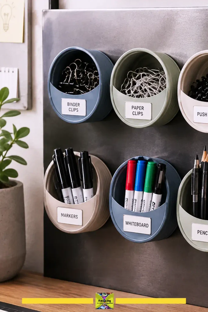 Small tin cans attached to a steel surface with magnets for storage
