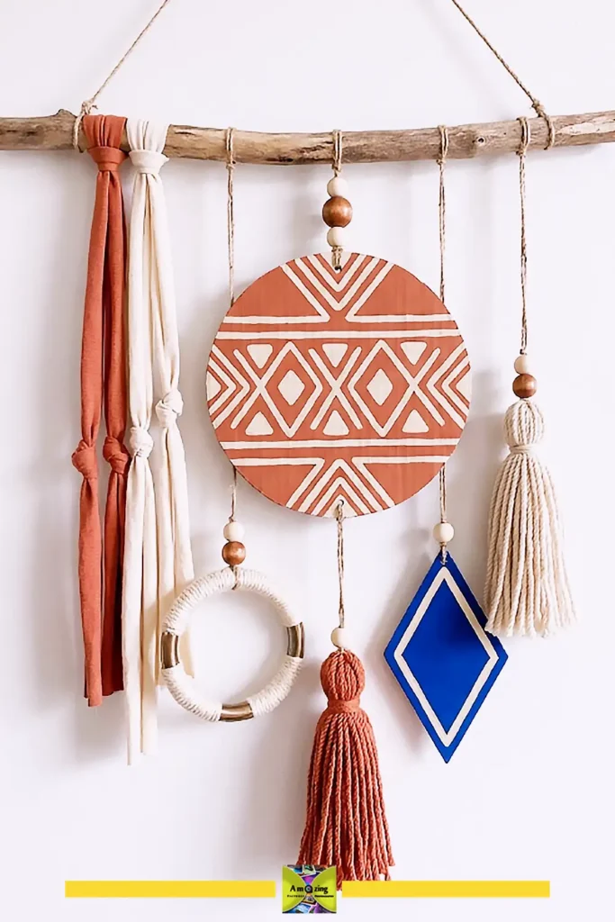 Mixed-material Mediterranean wall hanging combining cardboard, fabric, yarn, and wood