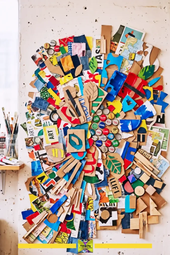 Mixed-material wall collage in blues, whites, and natural wood tones on a large backing board