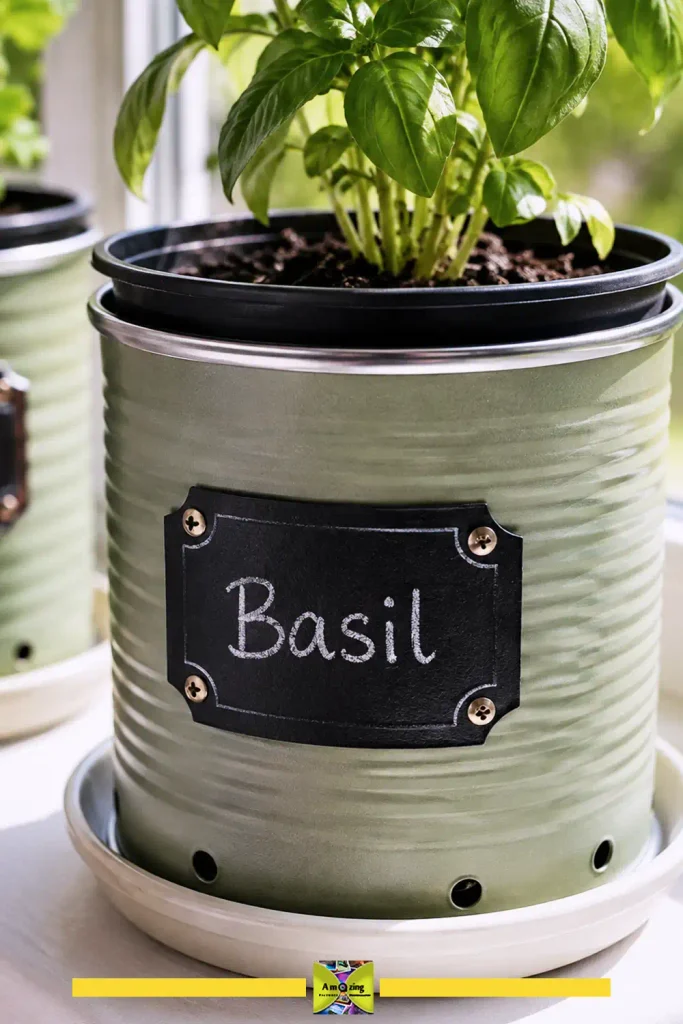 Painted tin can sleeves holding herb pots on a sunny windowsill