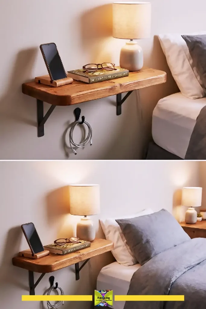 Pallet bedside shelf holding a book, lamp, and small plant beside a bed