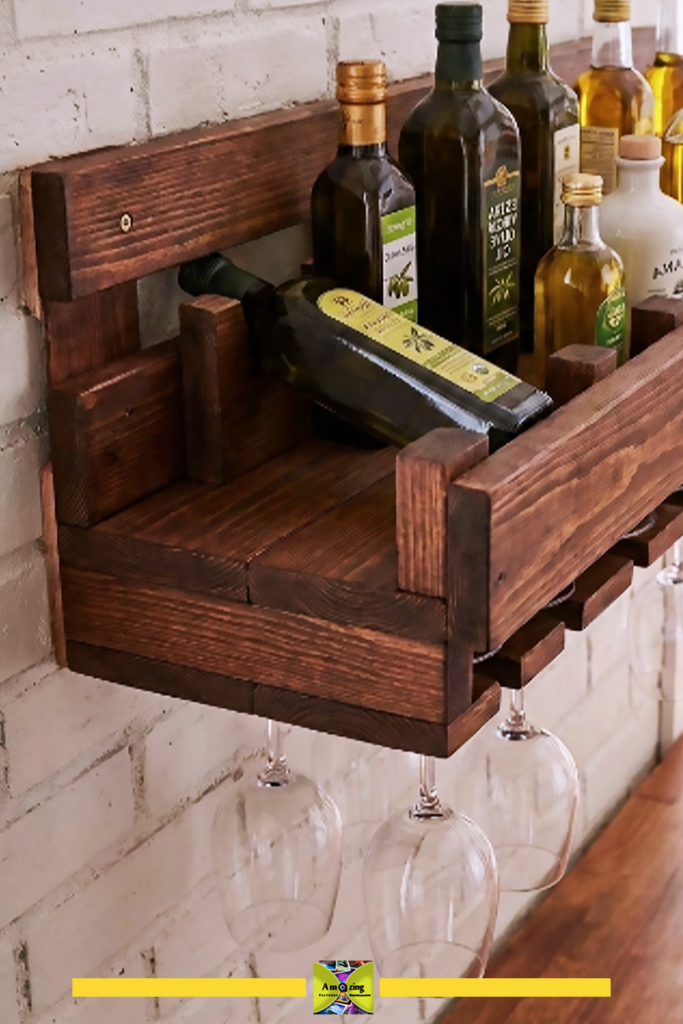Pallet bottle shelf holding wine and glass bottles on a wall