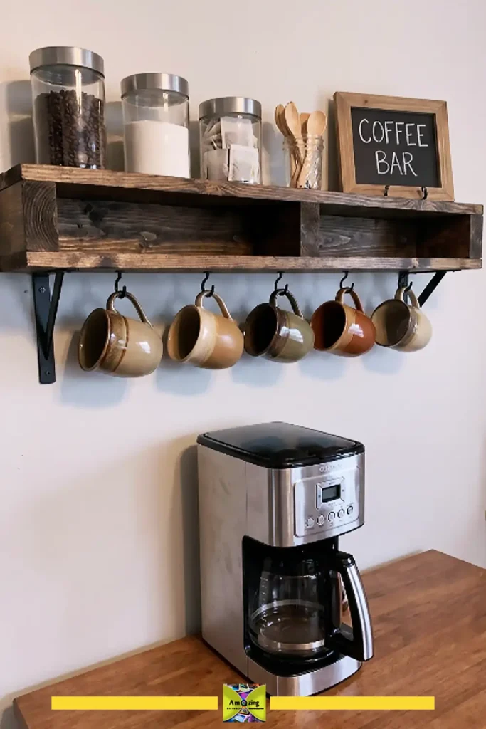 Pallet coffee station shelf with mugs, canisters, and a coffee maker