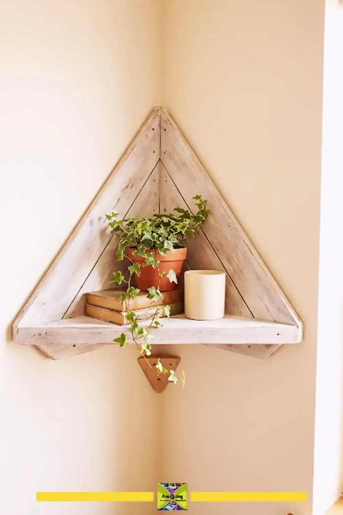 Pallet corner shelf fitted into a room corner holding plants and decor