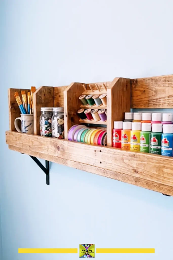 Pallet craft supply shelf with a retaining rail holding paint bottles and jars