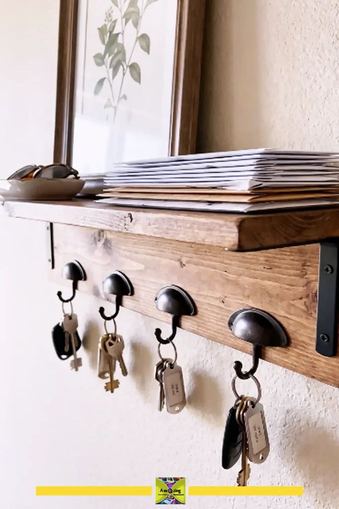Pallet entryway key shelf with hooks for keys and a small tray