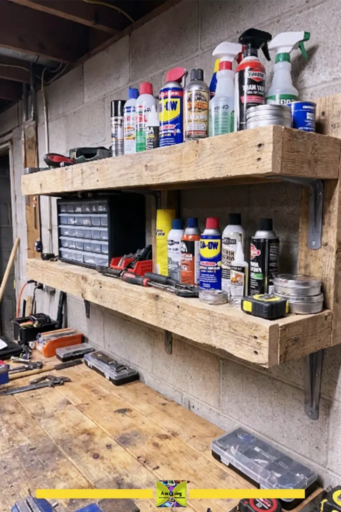 Pallet garage tool shelf holding tools and hardware above a workbench