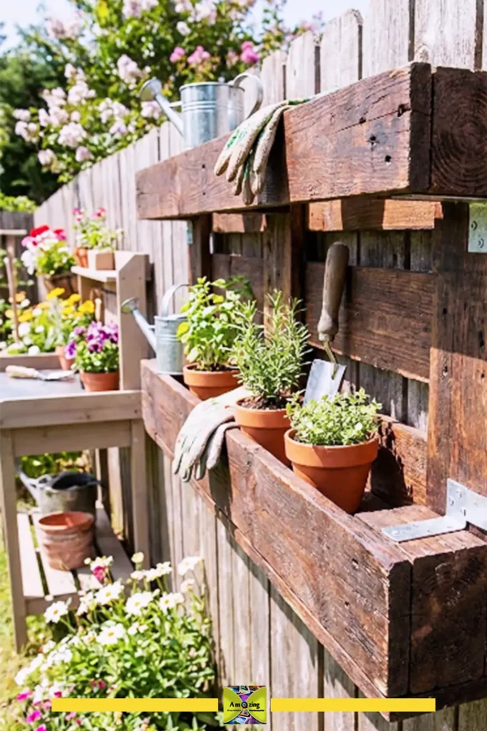 Pallet garden shelf holding pots and gardening supplies outdoors