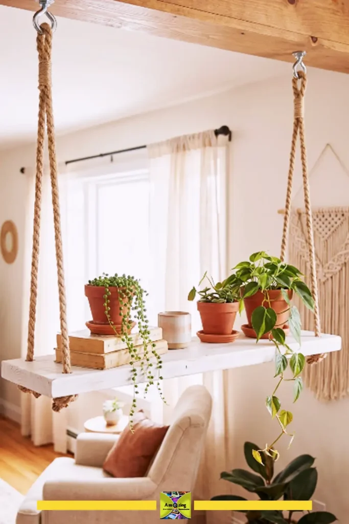 Pallet rope hanging shelf suspended from thick rope against a wall